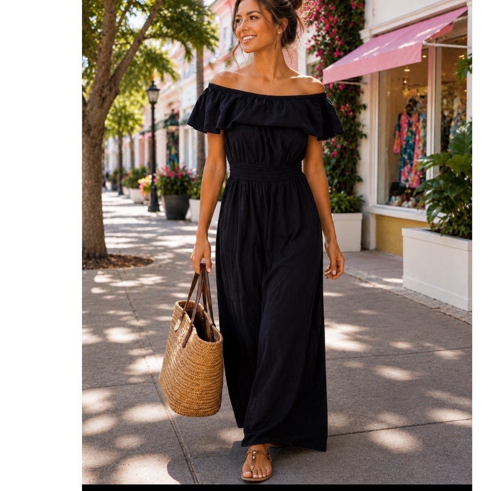 Old Navy Black‎ Off The Shoulder Ruffle Smocked Waist Maxi Dress NWT Sz M tall